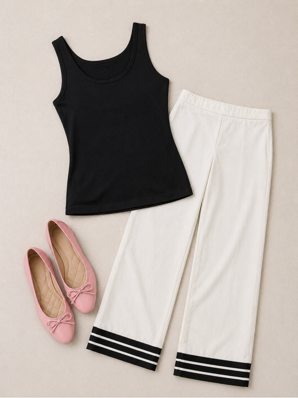 Cache Vintage Cotton White Wide Leg Striped Hem Pants